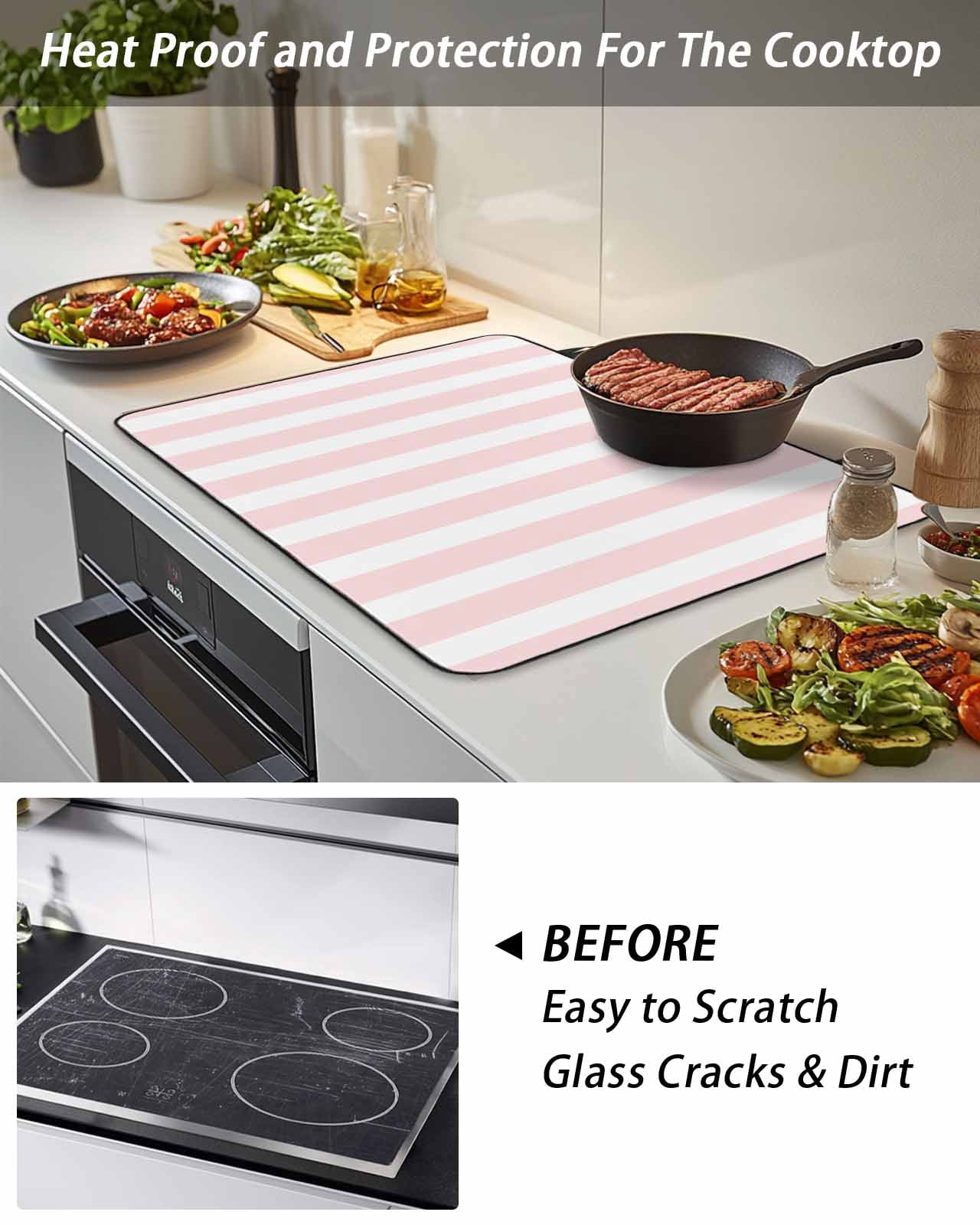 Stove Top Covers for Electric Stove, Pink Striped Glass Stovetop Cover Protector, Modern Farmhouse Pink White Stripes Induction Cooktop Protector Oven Mat for Kitchen Countertop 28.5"x20.5"