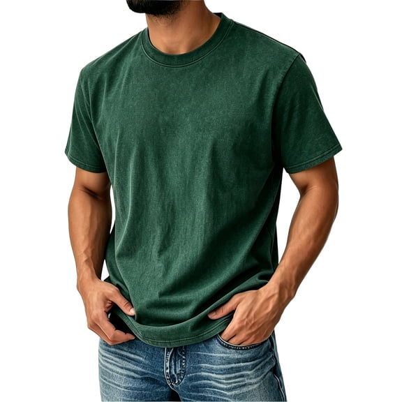 Qwertyu Mens Short Sleeve T-Shirts Cotton Crew Neck Casual Shirt Vintage Acid Wash Summer Fashion Tees Dark Green 4XL