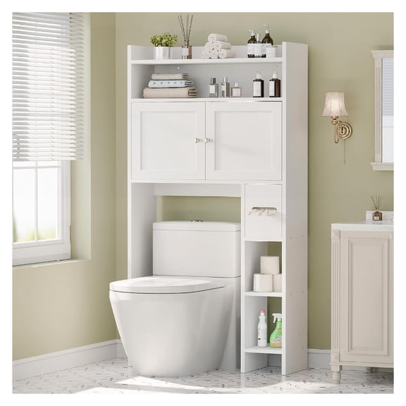 Over The Toilet Storage Cabinet with Doors, 32" Bathroom Storage Organizer with Side Shelves, Space-Saving Toilet for Bathroom, Laundry (White)