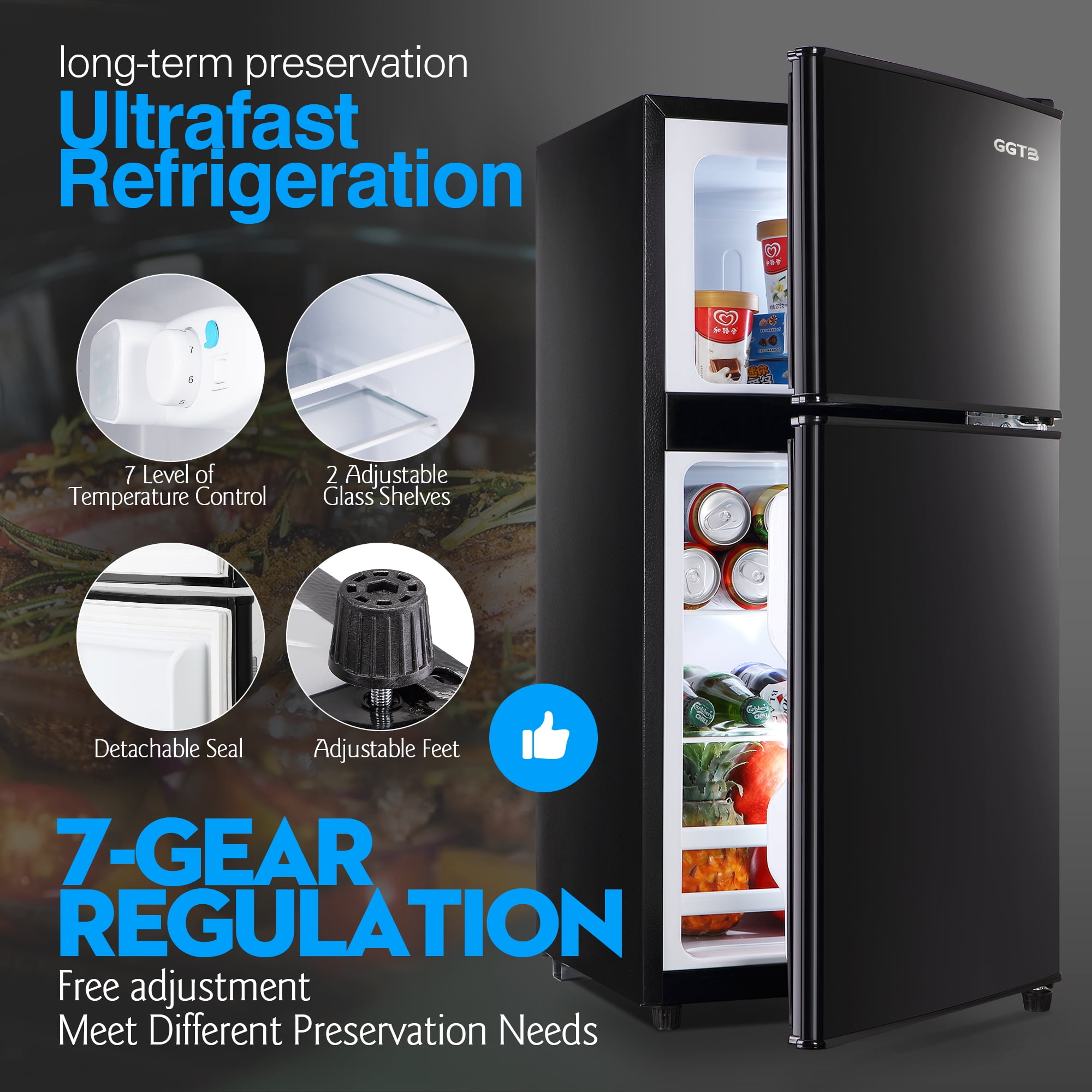 GGTB 3.0 Cu.ft Retro Compact Two Door Refrigerator, Mini Fridge with Freezer Compartment, Reversible Doors, Removable Shelves, Black