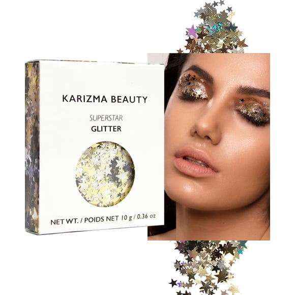 Brillo Superestrella KARIZMA. 10 g de brillo facial grueso, brillo para el cabello, brillo para ojos y brillo corporal para mujeres. Accesorios Rave Glitter Festival Maquillaje cosmético con purpurina