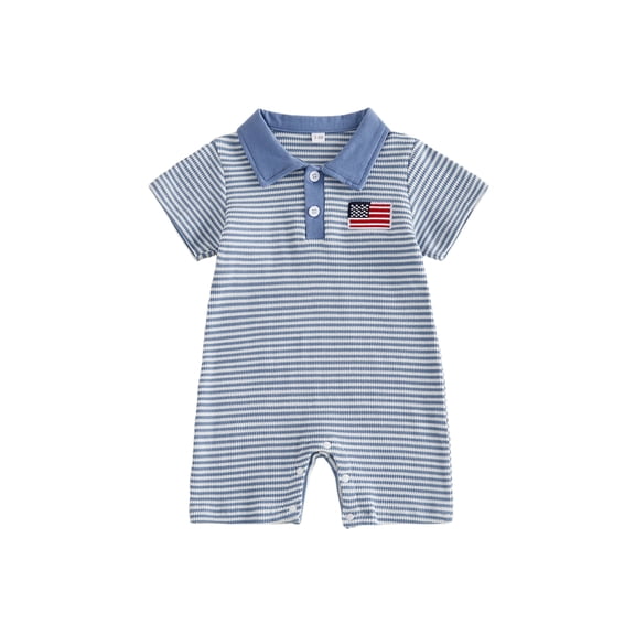 Cenuakty Baby Boy 4th of July Romper 0-18M American Flag Embroidered Striped Short Sleeve Half Button-up Collared Bodysuit