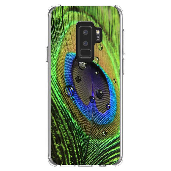 DistinctInk Clear Shockproof Hybrid Case for Samsung Galaxy S9  PLUS (6.2" Screen) - TPU Bumper, Acrylic Back, Tempered Glass Screen Protector - Peacock Feather Close Up - Animal Print