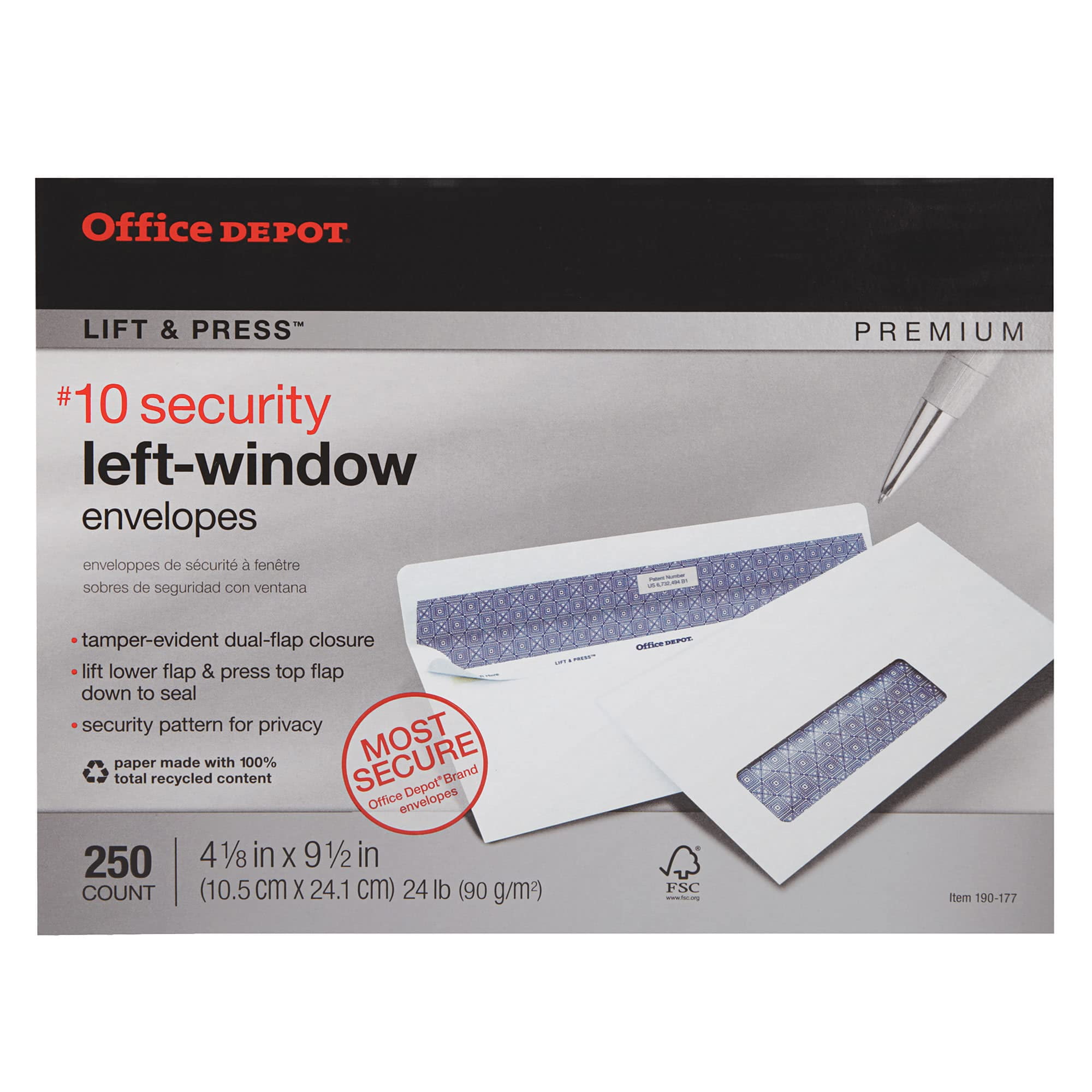 Office Depot 100% Recycled Lift  Press(TM) Window Envelopes, #10 (4 1/8in. x 9 1/2in.), White, Pack Of 250, 76172