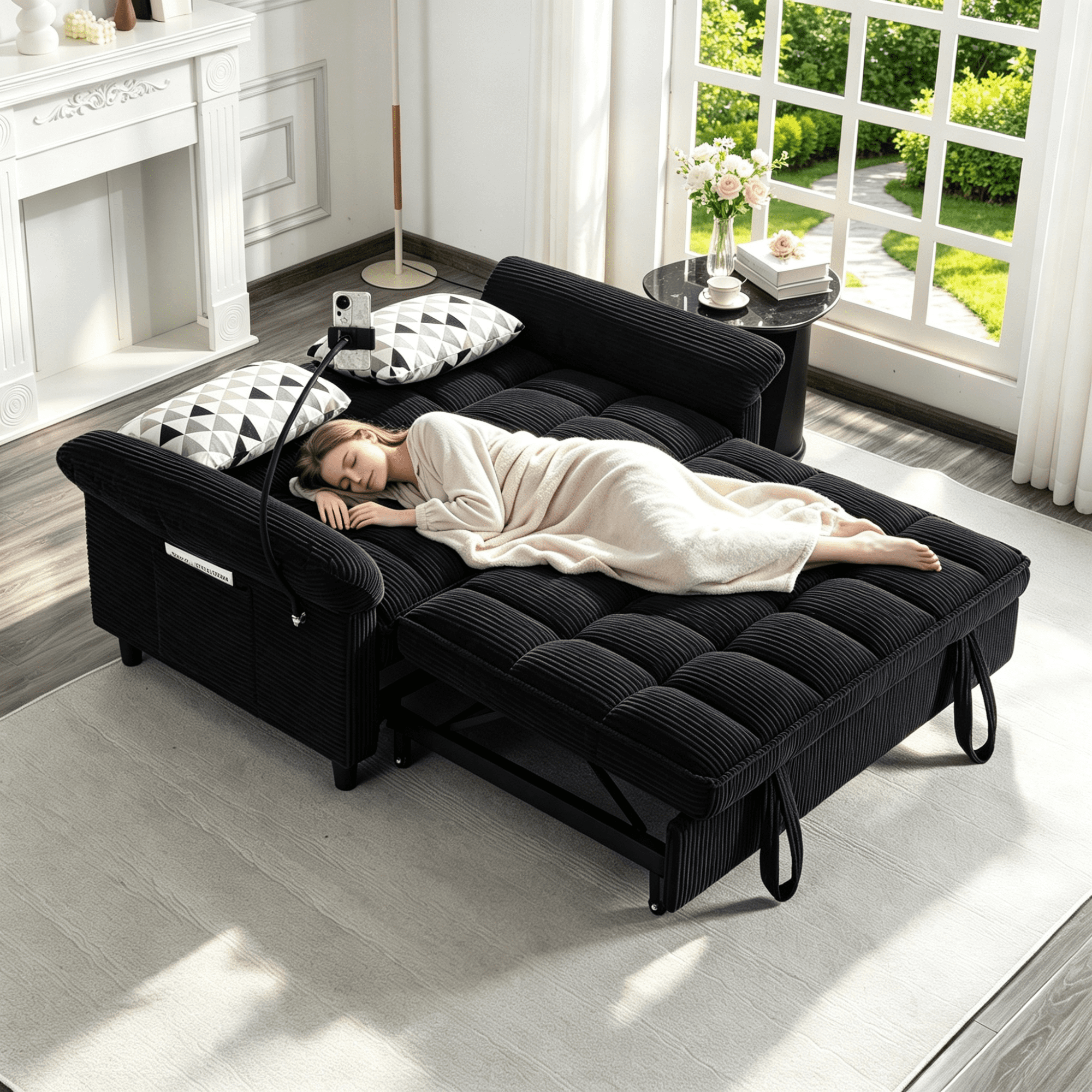 Gewnee 58" 3‑in‑1 Corduroy Convertible Sleeper Sofa Bed, Pull‑Out Loveseat with 3 Adjustable Reclining Positions & Side Storage Pocket, Multi‑Purpose Guest Sofa for Living Room, Guest Room, Black