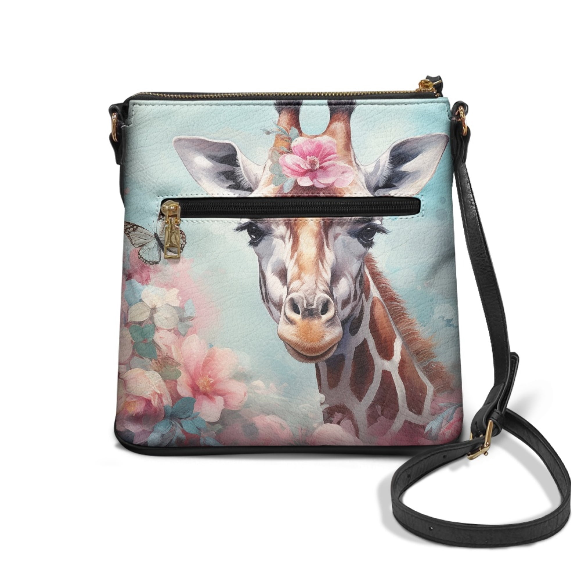 Kuiaobaty Giraffe Flower Butterfly Print Crossbody Bag for Women, Casual Lightweight Vegan Leather Crossbody Handbag, Multi Pocket Shoulder Purse with Adjustable Strap for Travel & Work