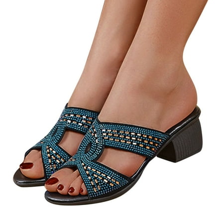 

ãYilirongyummã Blue 39 Sandals Women Sandals For Women Slip On High Heels Rhinestone Peep Toe Shoes With Block Heel