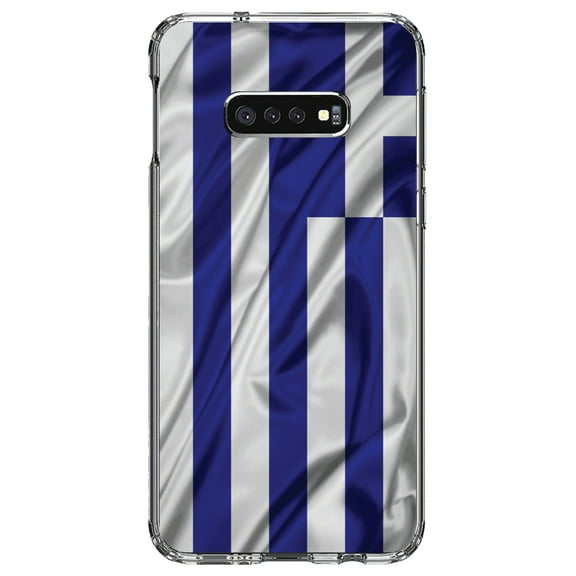 DistinctInk Clear Shockproof Hybrid Case for Samsung Galaxy S10e (5.8" Screen) - TPU Bumper, Acrylic Back, Tempered Glass Screen Protector - Greece Waving Flag