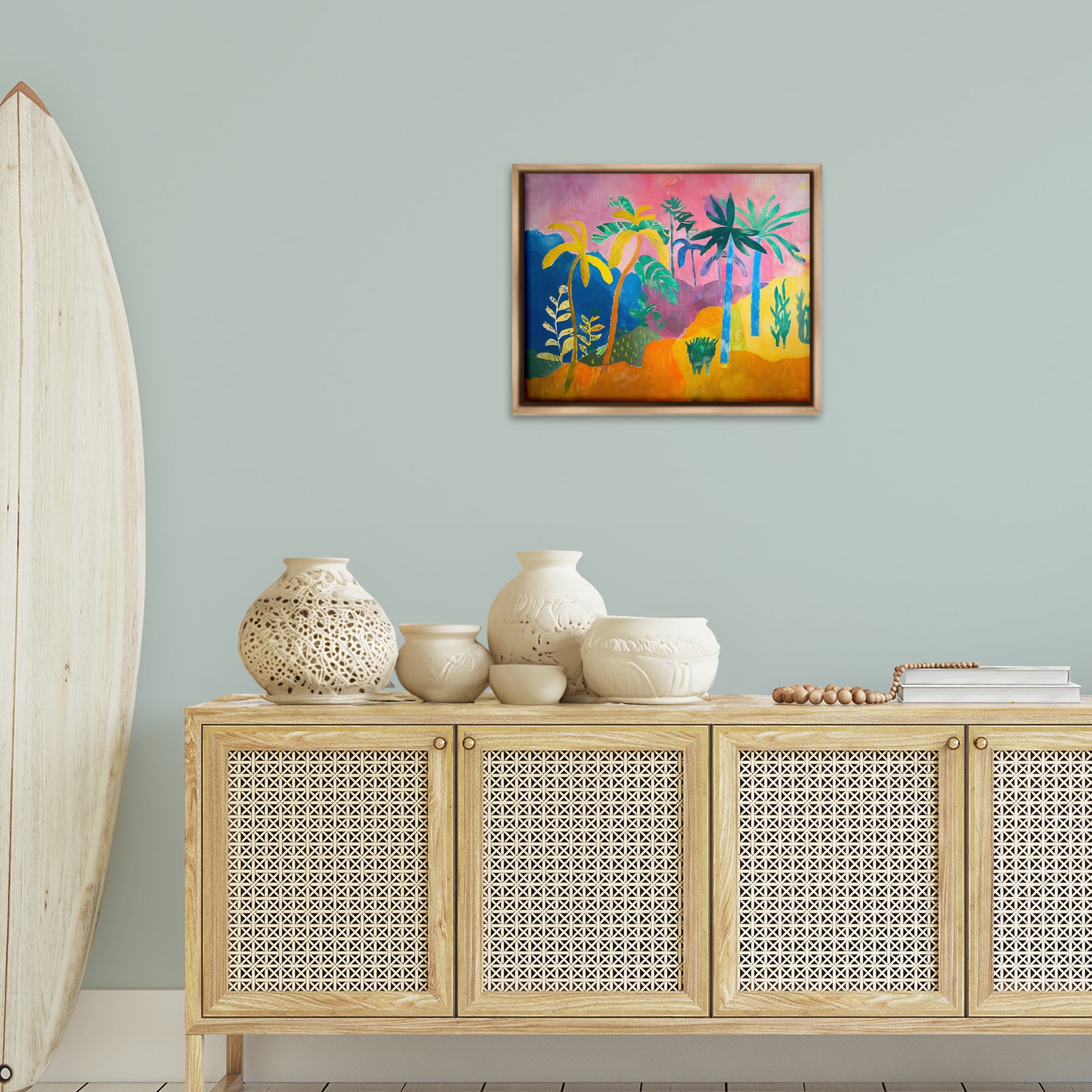 Stupell Industries Vivid Tropical Palms Coastal Painting Brown Floater Framed Canvas Art Print Wall Art, 21 x 17