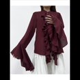 thumbnail image 4 of Blusas Casuales para Mujer, con Mangas Acampanadas, Cuello Alto y Volantes, Camisa de Verano A para Vacaciones. Vino Tinto XL, 4 of 10