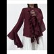 thumbnail image 4 of Blusas Casuales para Mujer, con Mangas Acampanadas, Cuello Alto y Volantes, Camisa de Verano A para Vacaciones. Vino Tinto M, 4 of 10