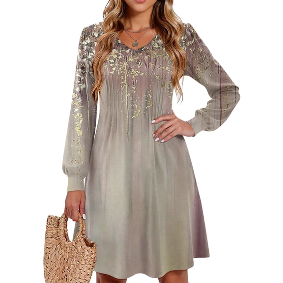 Kixjoy Winter Dresses for Women Long Sleeve Pleated V Neck Dress Casual Party Floral Print Soft Tunic Dress Lightweight A Line Fall Clothing for Women, BR S