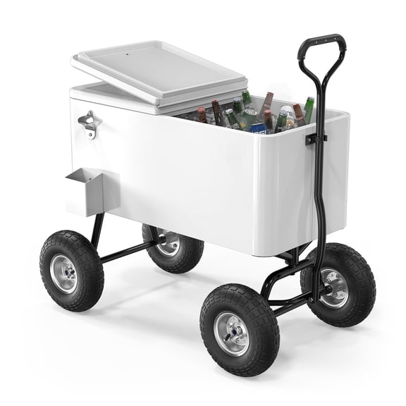Rolling Cooler Cart Ice Chest, Portable Beverage Drink Organizer Bin, Outdoor Insulated Party Chiller With Long Pull Handle And All Terrain Wheels For Backyard Beach, Modern Style, Red, 1 Pack