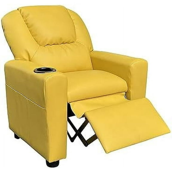Modern PU Leather Kids Recliner Chair with Cup Holder, Adjustable 2-in-1 Kids Single Couch for Boys Girls (Yellow)