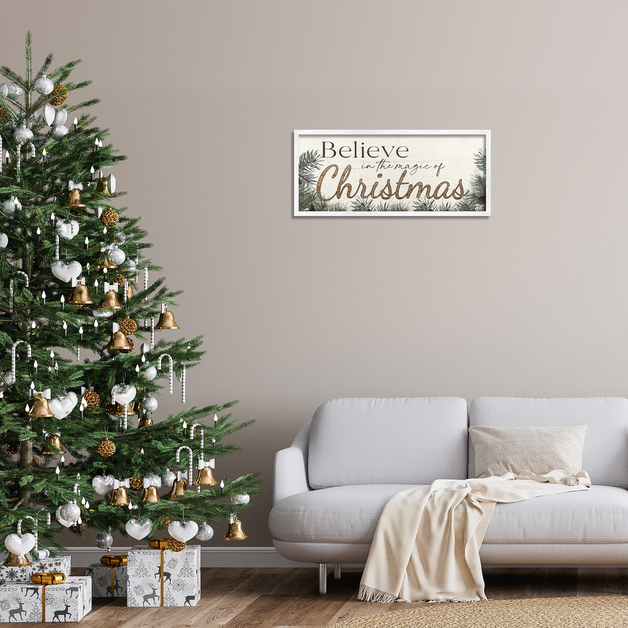 Stupell Industries Magic Of Christmas Phrase Holiday Painting White Framed Art Print Wall Art, 30 x 13