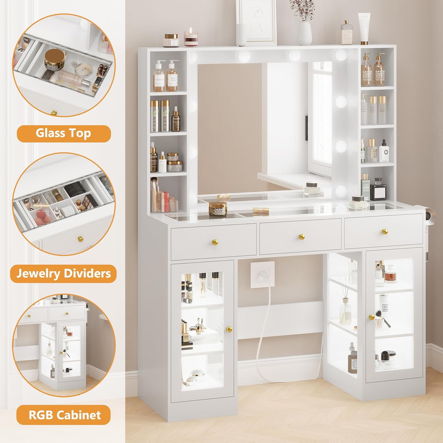 Vanity Desk with Mirror and Lights, Glass Top Vanity with Lighted Mirror & RGB Glass Cabinet and 3 Drawers, Makeup Vanity Desk with Lights Dressing Table for Bedroom, 3 Color Modes