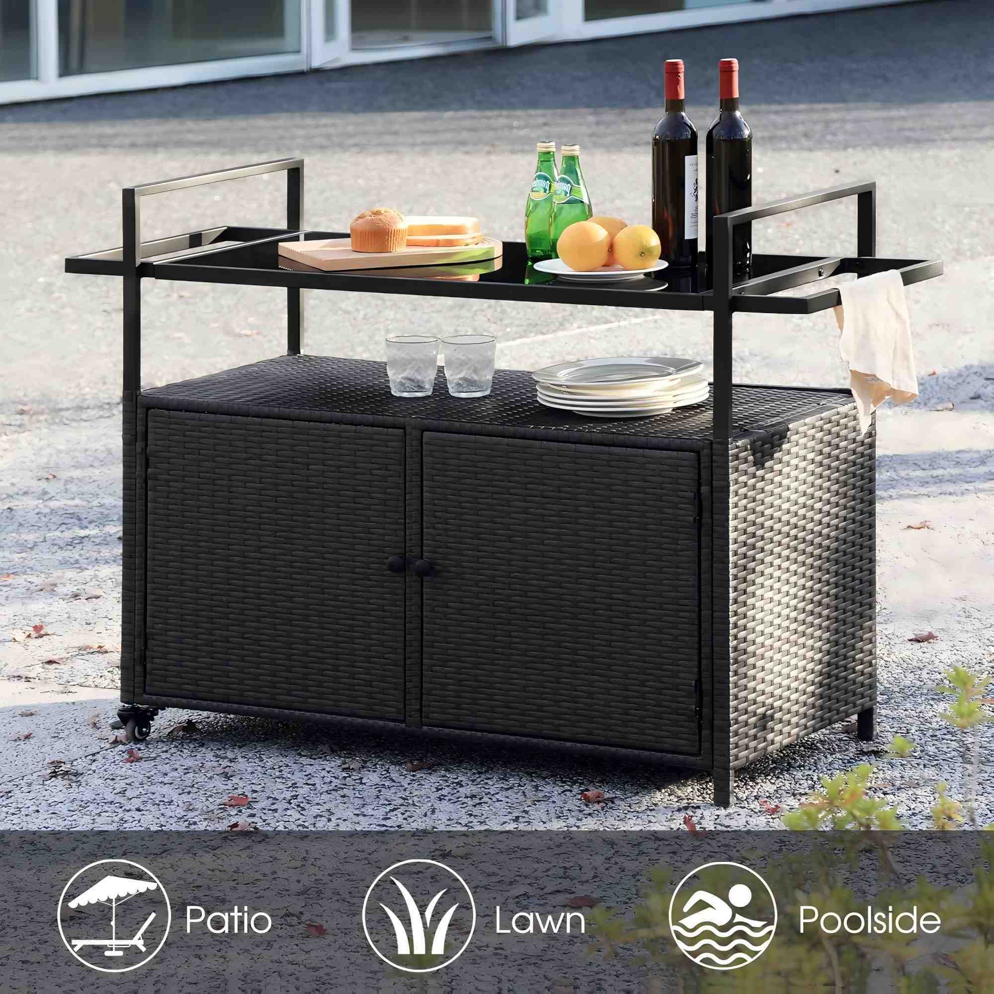 AENKYO Outdoor Bar Cart with Storage Cabinet, Glass Top, All-Weather Wicker Patio Serving Table with Wheels, Black