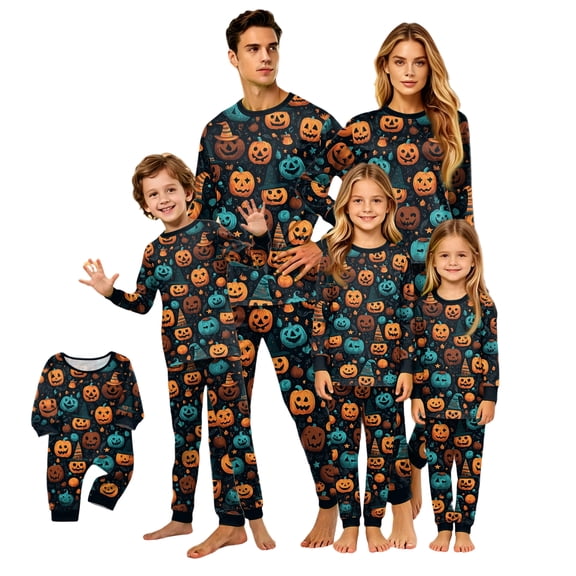 Matching Family Halloween Pajamas Set - 2026 Cute Ghost & Pumpkin Print Two-Piece Sleepwear Pjs - Family Matching Pajamas Soft Holiday Jumpsuit Loungewear for Family