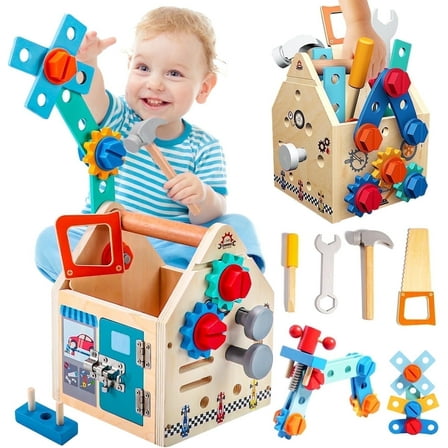 33 Pcs Wooden Kids Tool Set with Tool Box & Bench, Montessori Educational Toys for Toddlers Age 2-5, STEM Construction Pretend Play Gift for Boys & Girls