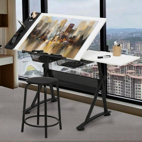 Drafting Table with Height Adjustable Wood Top, Drawing Table with Storage Drawers, Extendable Design, Art Desk Ideal for Drawing, Painting, Writing, Home Office, White