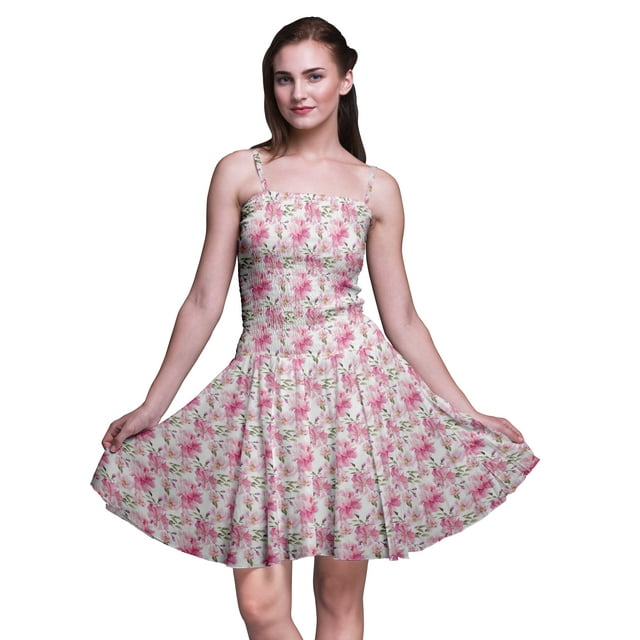 Bimba Robe Cocktail au-Dessus du Genou Smockée Florale pour Femmes Robe d'Été Fluide-Petite
