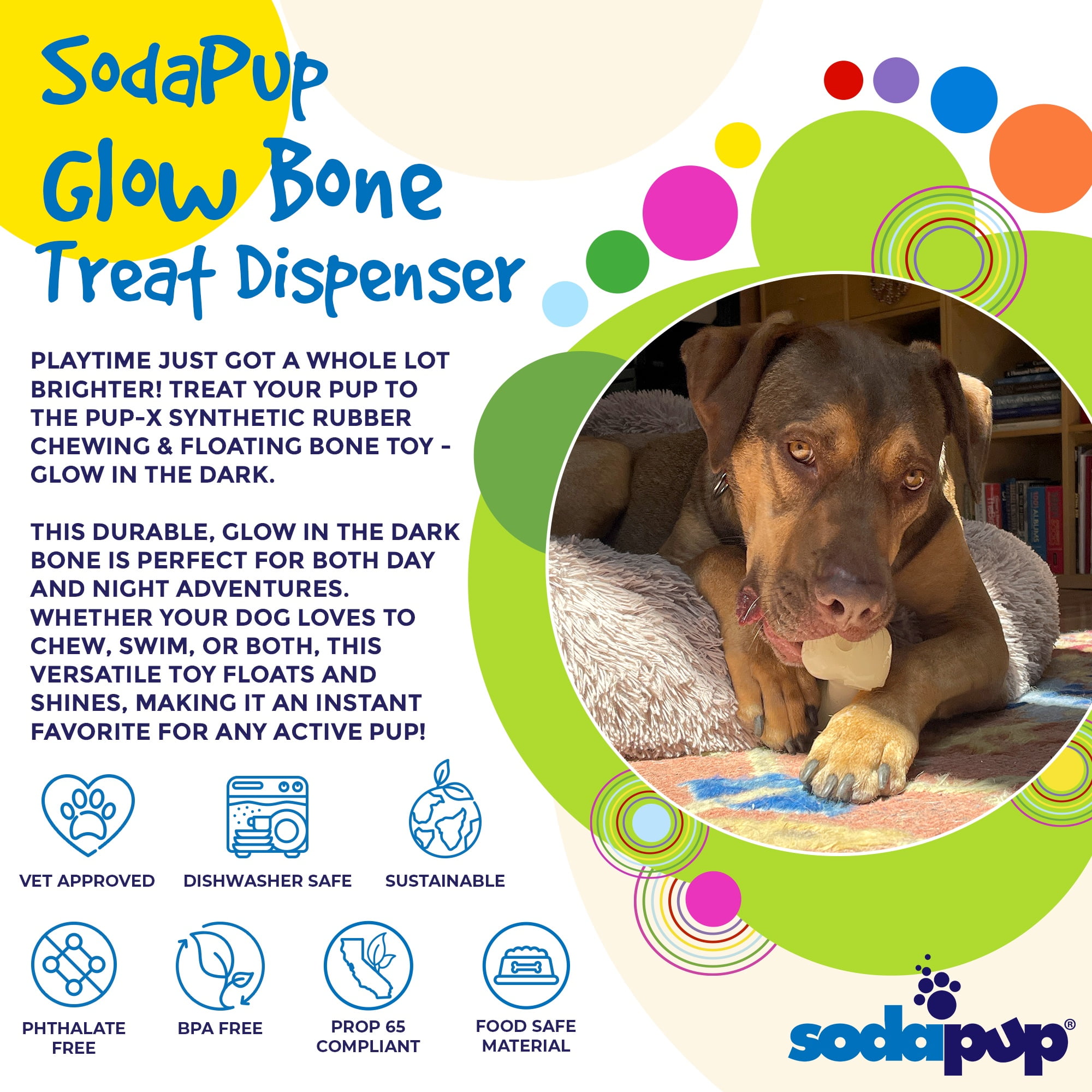 SodaPup Glow Bone - Durable Dog Treat Dispenser & Chew Toy Made in USA from Non-Toxic, Pet Safe, Food Safe Natural Rubber for Mental Stimulation, Problem Chewing, Calming Nerves & More