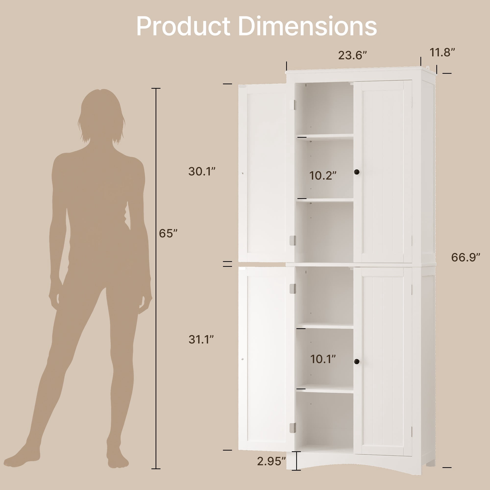 Aiho 66.9" Bathroom Storage Cabinet, Freestanding Wooden Linen Cabinet with 4 Doors & Adjustable Shelves for Bathroom, Kitchen, White