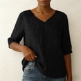 thumbnail image 6 of Womens Tops Cotton Linen Elbow Length Sleeve Tshirts for Women V Neck Pullover Solid Color Summer Fall Tees, 6 of 7