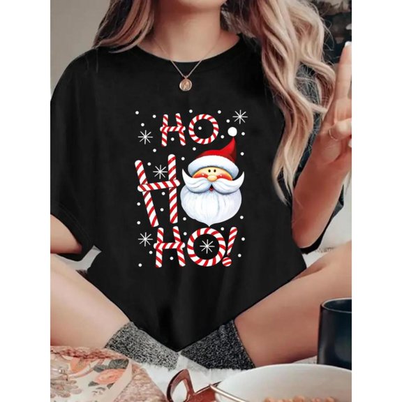 Cartoon Santa Tee T Shirt Graphic Tops Letter Print Drop Shoulder Comfy Holiday Casual Short Sleeve Round Neck Black S-5XL