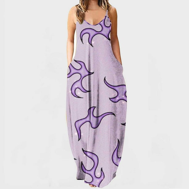 ICHUANYI Clearance Women's Fashion Sexy Vintage V Neck Sleeveless Printing Party Dresses(Purple, L) Ichaunyi WER2023080907935