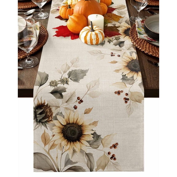 Fall Table Runner Thanksgiving Sunflower Table Runners Watercolor Leaves Linen Cotton Linen Dresser Scarf Kitchen Dining Table Decor for Fall Holiday Party Decor 13x36 Inch