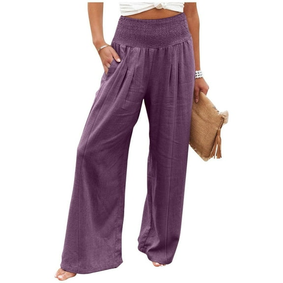 LRJTENG Linen Pants Women Comfy Flowy Wide Leg Pants Summer Baggy High Waisted Palazzo Beach Pants Trousers with Pockets