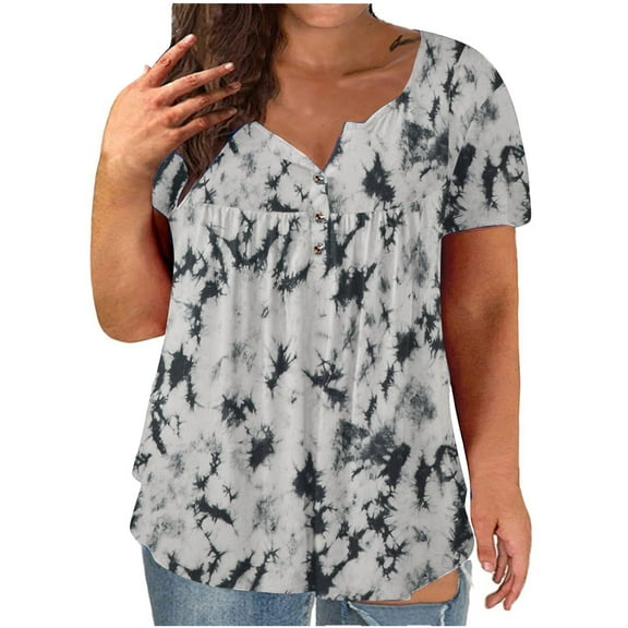 Aoochasliy Tee Shirts for Women Graphic Clearance Plus Size V-neck Tie-dye Print Button Short Sleeve Tops T-Shirt Blouse