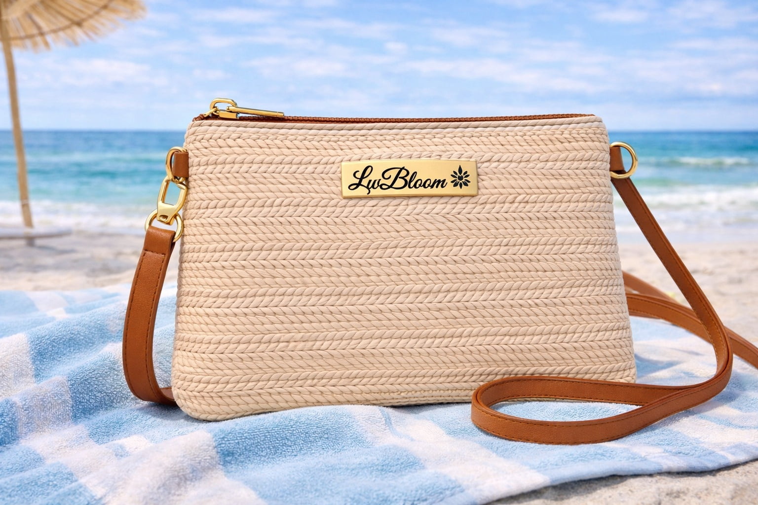LwBloom Woven Straw Crossbody Purse for Women – Summer Beach Clutch Handbag with Adjustable Strap, Lightweight Vacation Shoulder Bag, Natural Beige