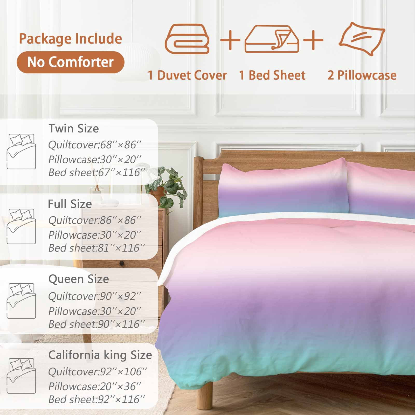 Purple Pink Duvet Cover Set King Size, Teal Gradient 4 Piece Soft Microfiber Bedding Set with 1 Duvet Cover, 1 Flat Sheet, 2 Pillowcases