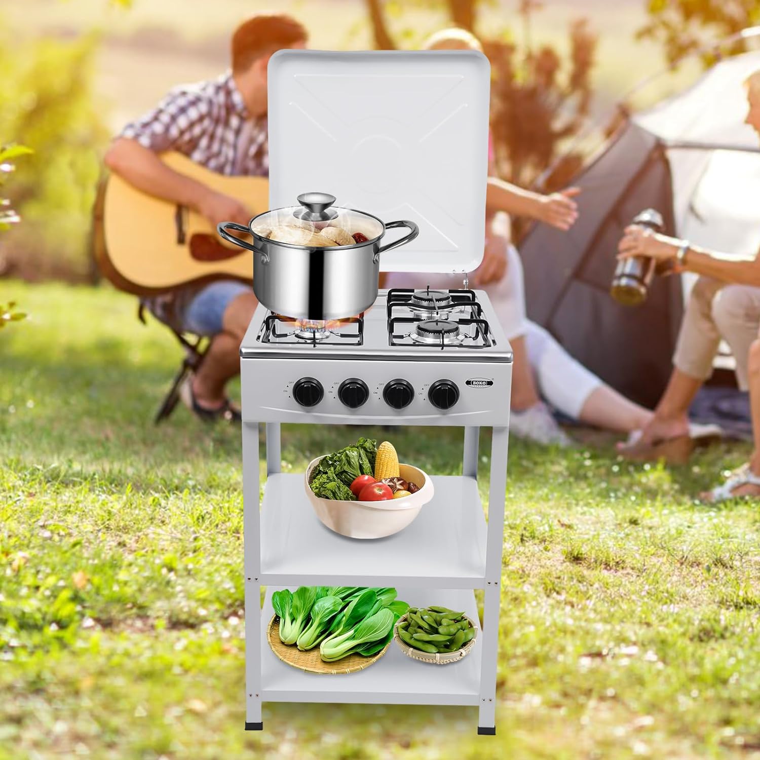 Natural Gas Gas Stove, Commercial Free Standing 4-Burner Gas Cooktops Kitchen Cooking Stove With Shelf Kitchen Cooking Appliance Stainless Steel Gas Stove With Wind Shield & Dustproof Covers, White