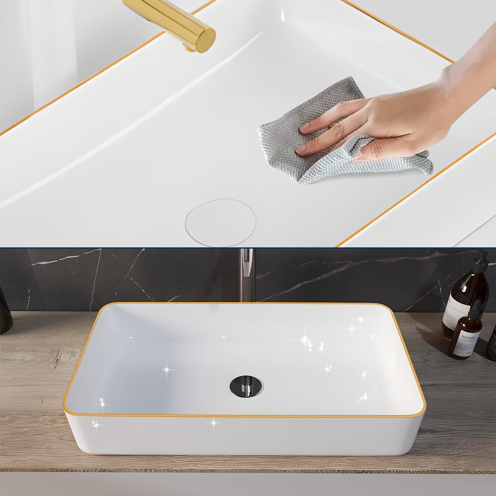 Bathroom Sink Rectangular 24"x 14"Bathroom Wash Basin With Gold Rim Design Art Basin Vanity Sink