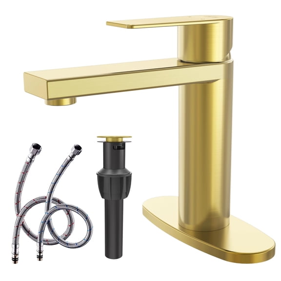 Brushed Gold Bathroom Single Hole Faucet, Brass Single Handle Modern Bathroom Sink Faucet with Pop-Up Drain Assembly and Fixed Panel - GS100BG