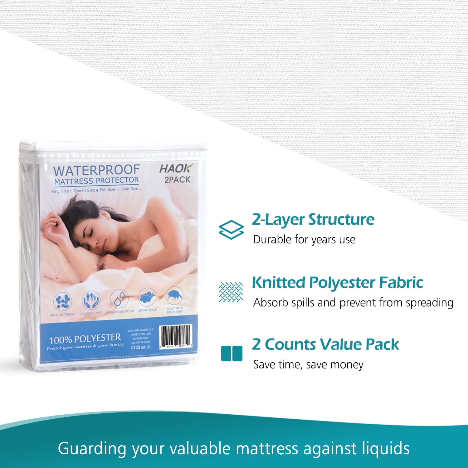 HAOK Waterproof Fitted Microfiber Mattress Protector, King, 2 Pack