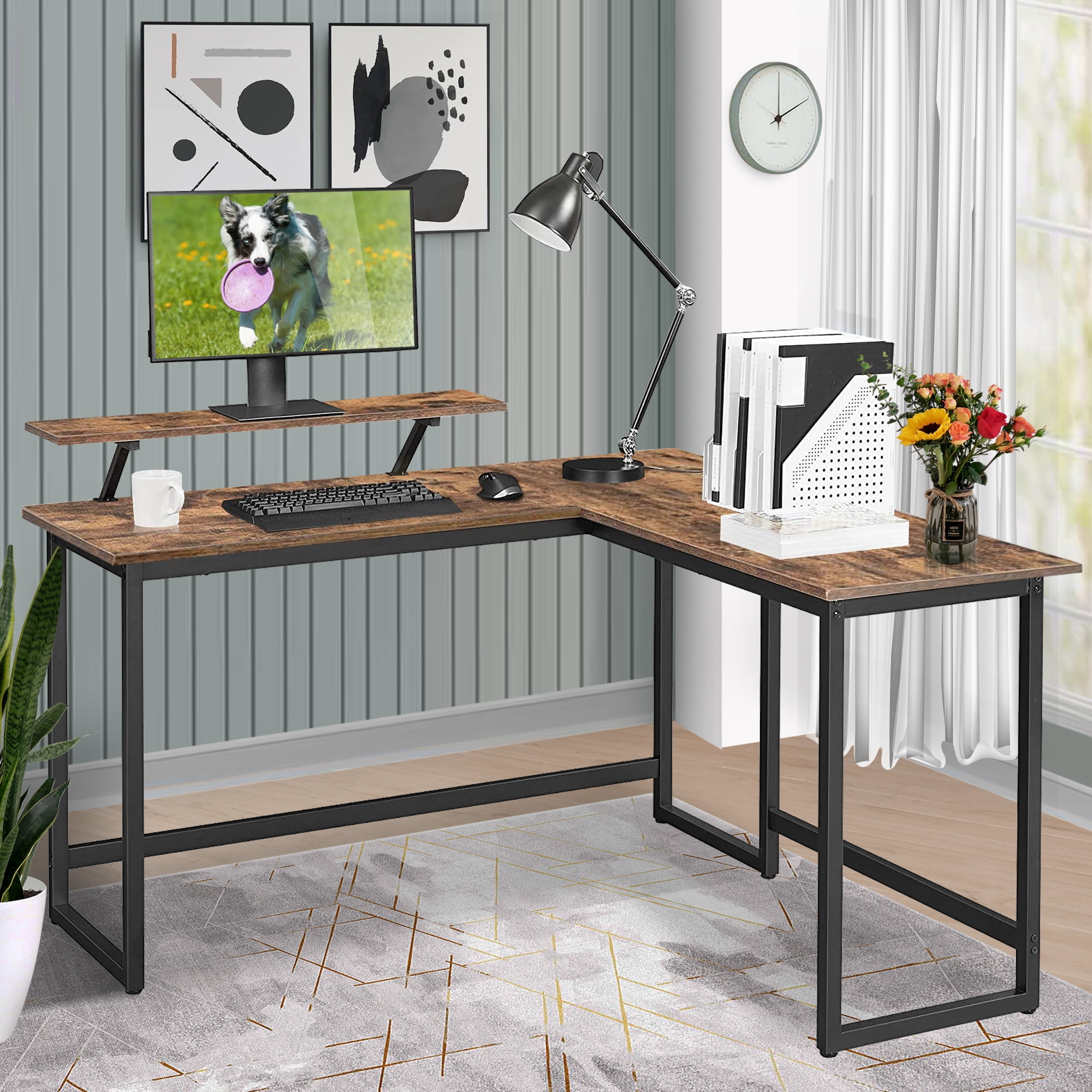 LShaped Computer Desk with Monitor Stand, Industrial Office Corner