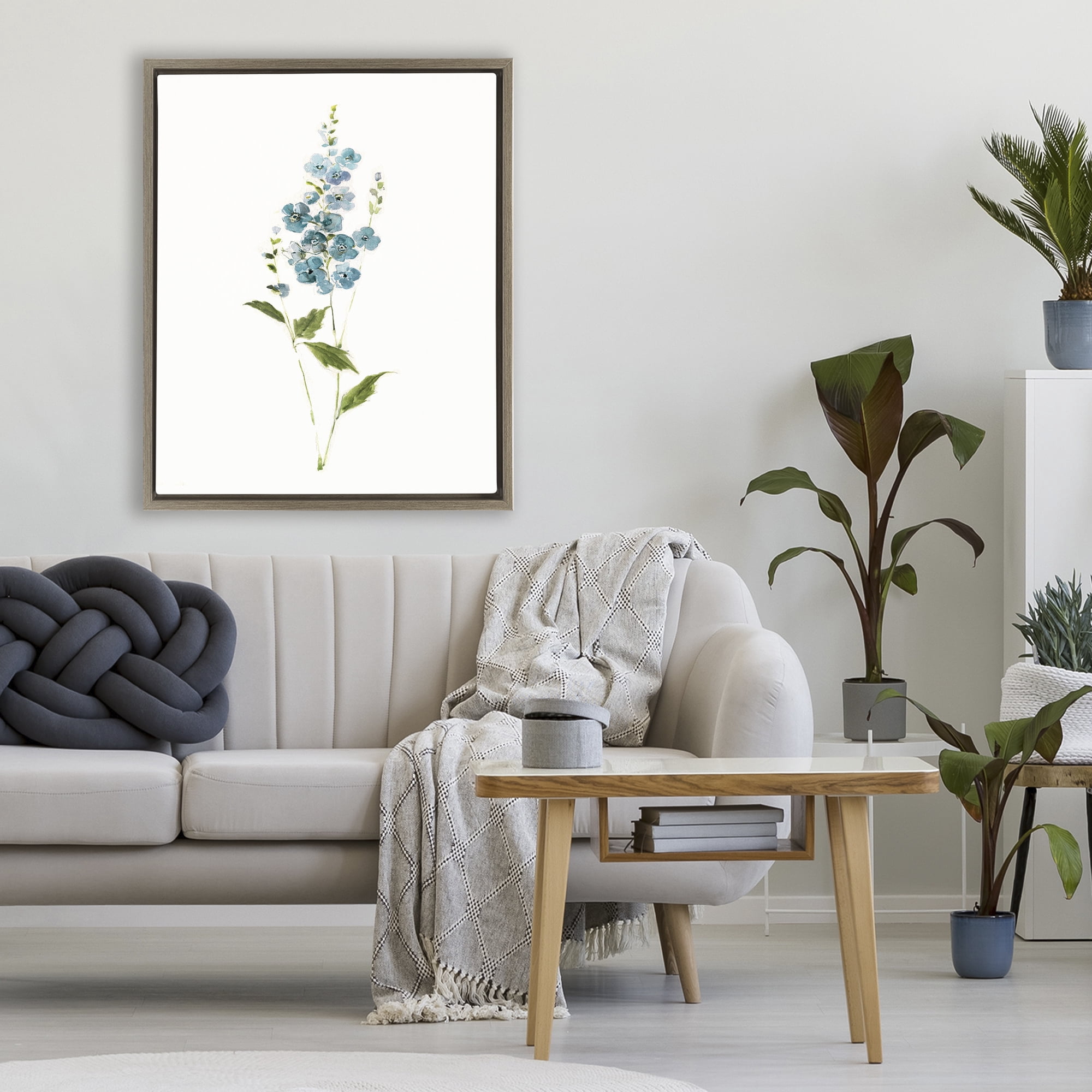 Stupell Industries Delicate Blue Sprigs Brown Framed Floater Canvas Wall Art, design by Sally Swatland