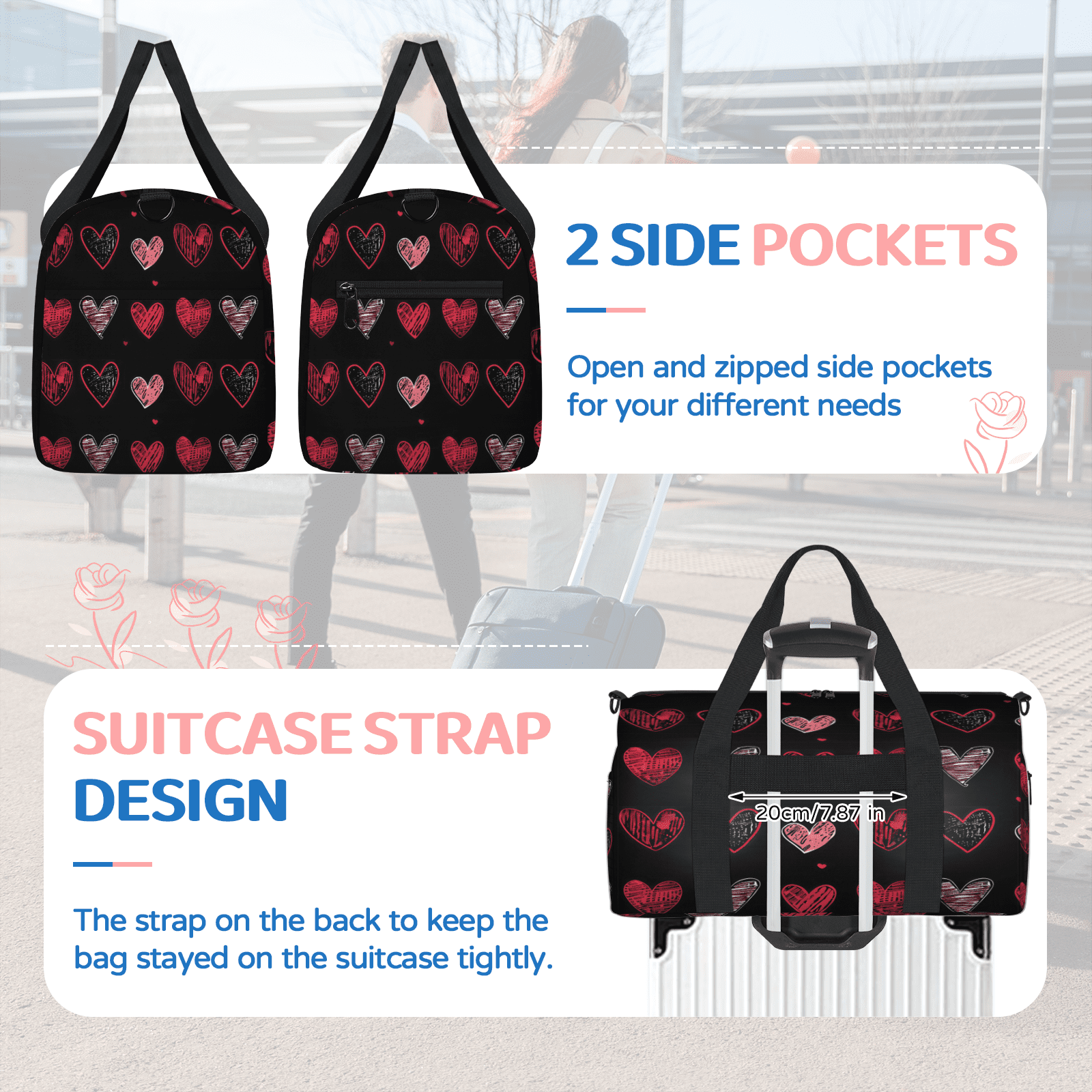Herdesigns Valentine's Day Black Red Heart Gym Bag for Women, Duffle Bag for Travel Sport, Lightweight Waterproof Carry on Weekender Overnight Dance Yoga Workout Bags