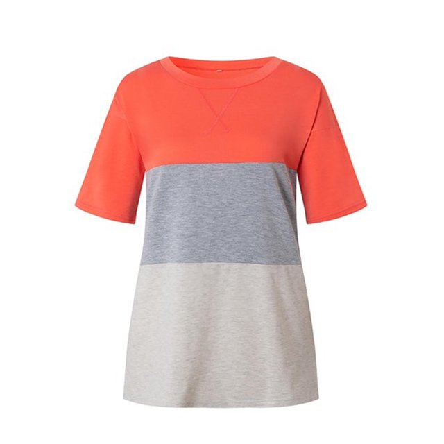 Femmes T-shirt Couleur Bloc Manches Courtes Top Col Rond Manches Courtes Top Femmes Blouse, Rouge Coloré, XXL