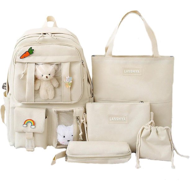 Mochila Kawaii De 5 Piezas Para Niñas Con Lindos Accesorios De Oso, Útiles Escolares Mochila Escolar Estuche Para Lápices Práctico Bolso De Hombro-rosa