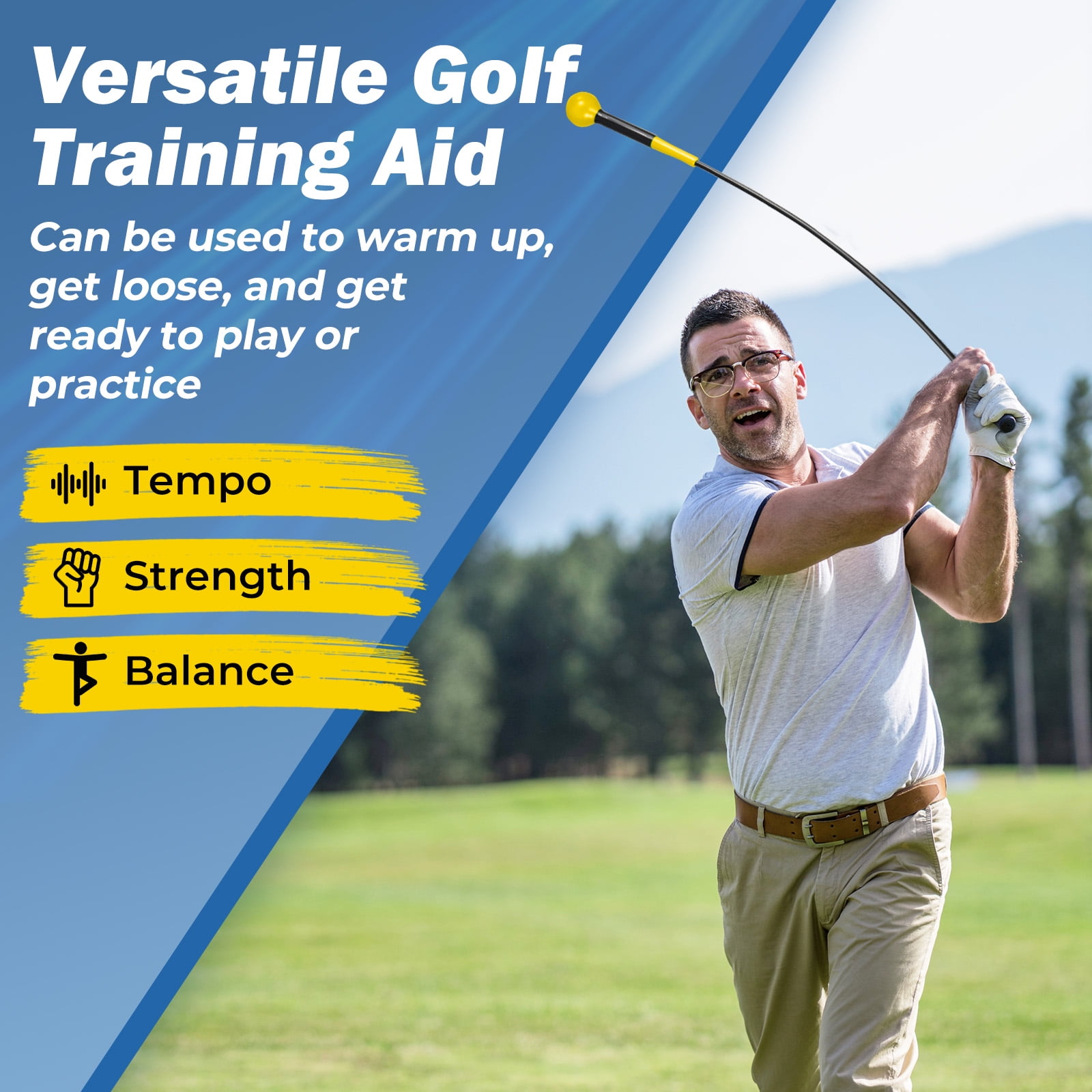 Gymax Golf Swing Trainer Aid 47'' Warm-up Practice Stick w/Weighted Head for Grip Yellow