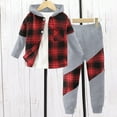 thumbnail image 3 of ASFGIMUJ Kids Boys Flannel Plaid 2Pcs Outfits Button Down Hooded Shirt Tops Pants Set Hoodie Sweatsuit for Spring Outfits Toddler Boys Valentine's Day Gift, 3 of 5