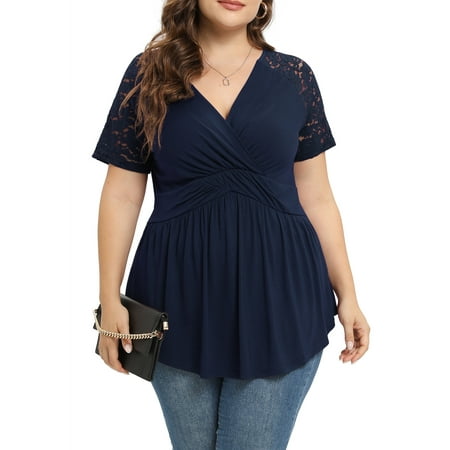 Daystry Plus Size Tunic Tops For Women Lace V-Neck Empire Waist Women Top Babydoll Blouse Navy Blue-3X
