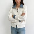 thumbnail image 4 of Women'S Denim Spliced Collar Zip‑Up Knit Cardigan Top White One size, 4 of 7