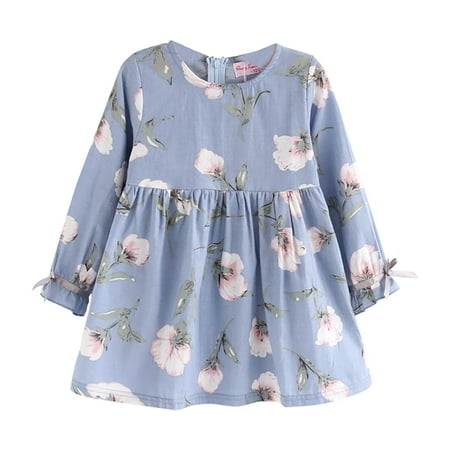

OVTICZA Baby Toddler Long Sleeve Dresses Spring Dress Bow Floral Sundress for Girls Blue 120