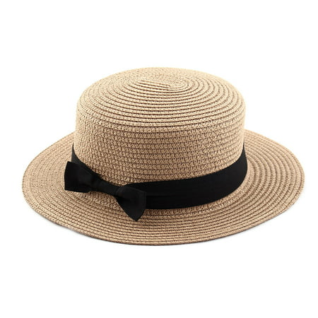 Woman Ribbon Decor Wide Brim Braided Summer Travel Beach Straw Cap Sun Hat